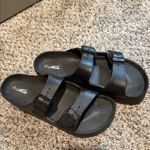 Black Double Strap Slide Sandals